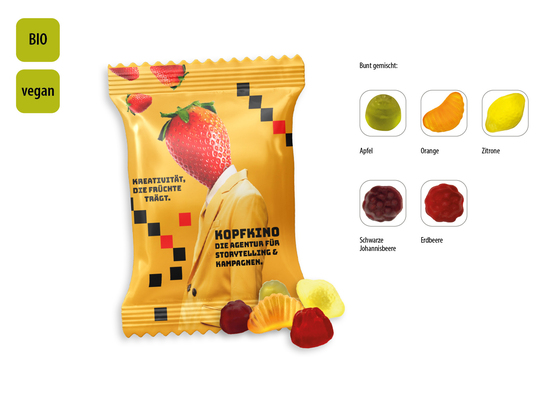 BIO Mini Früchte vegan Werbetüte, Inhalt: Vegane BIO Mini Früchte ca. 10 g