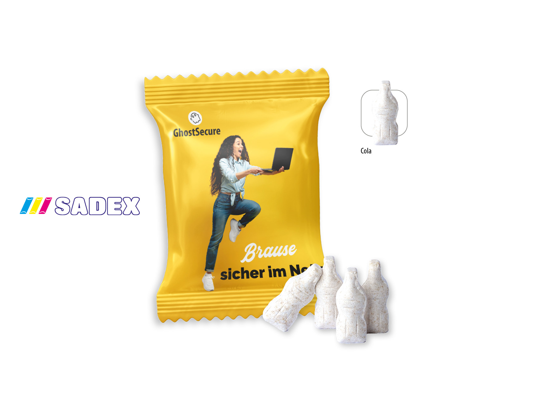 SADEX Brause Fläschchen Werbetüte, Inhalt: SADEX Brause Fläschchen Cola