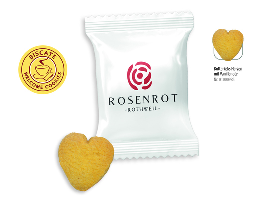 Butterkeks Herzen Flowpack, Inhalt: Butterkeks Herzen ca. 8 g