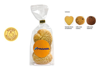 Cookies Bodenstandbeutel mit Werbeaufkleber, Inhalt: Butterkeks Herzen