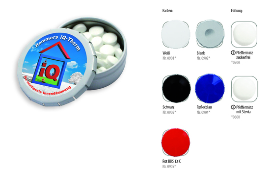 Klick-Dose-45, Inhalt: Pfefferminz-Pastillen; zuckerfrei ca. 12 g Pfefferminz-Pastillen; zuckerfrei rot HKS 13 K