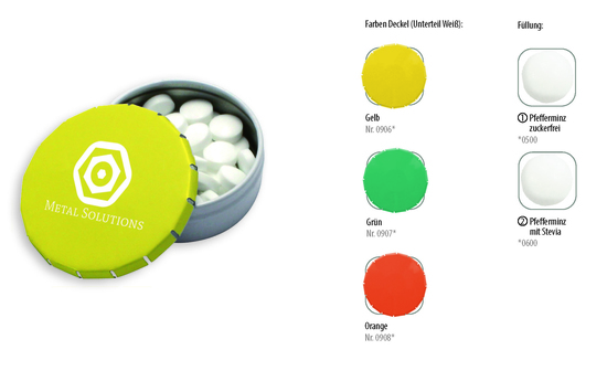 Klick-Dose-45 Duo Colour, Inhalt: Pfefferminz-Pastillen; Stevia ca. 12 g Pfefferminz-Pastillen; Stevia grün / weiß
