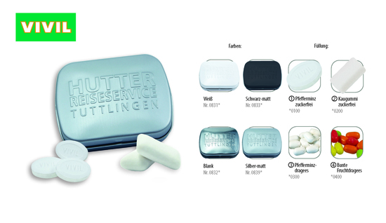 Klapp-Dose-59 geprägt, Inhalt: Pfefferminzdragees (Dose) ca. 20 g Pfefferminz Dragees silber-matt