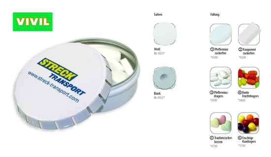 Klick-Dose-75, Inhalt: Pfefferminzdragees (Dose) ca. 45 g Pfefferminz Dragees weiß