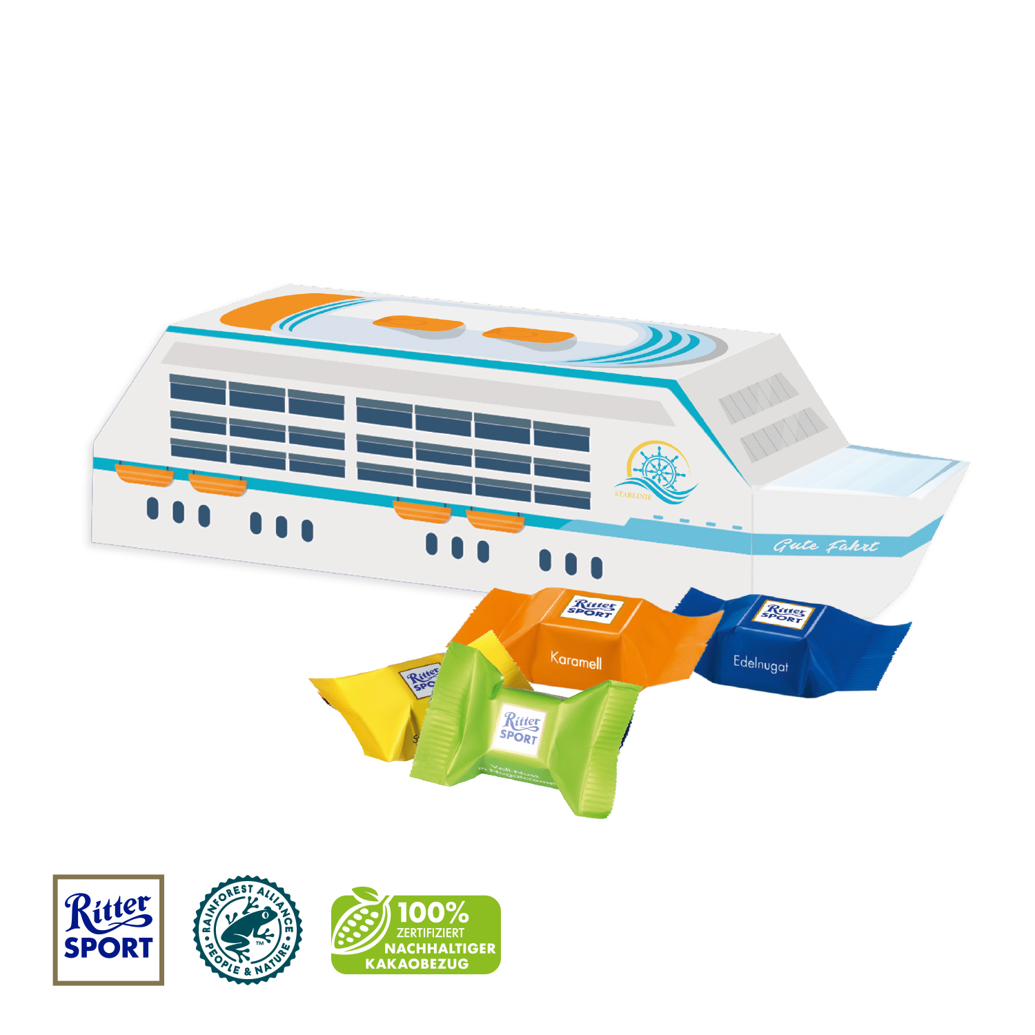 3D Präsent "Schiff" mit Ritter SPORT Schokowürfel