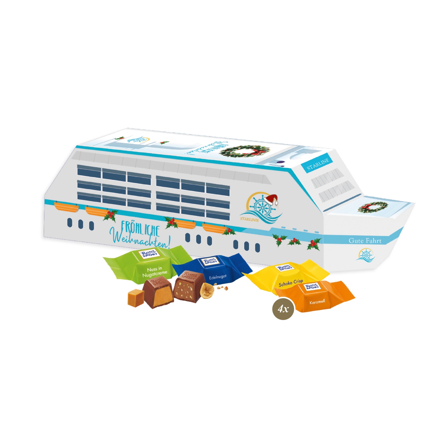 3D Präsent "Schiff" mit Ritter SPORT Schokowürfel