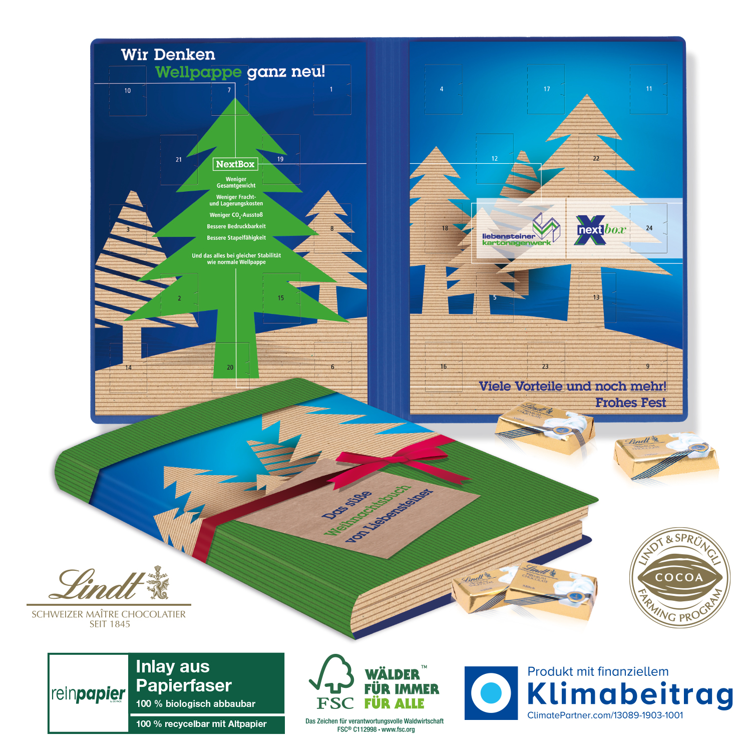 Adventskalender Weihnachtsbuch Lindt „Exklusiv“ Organic mit Lindt Schokotäfelchen