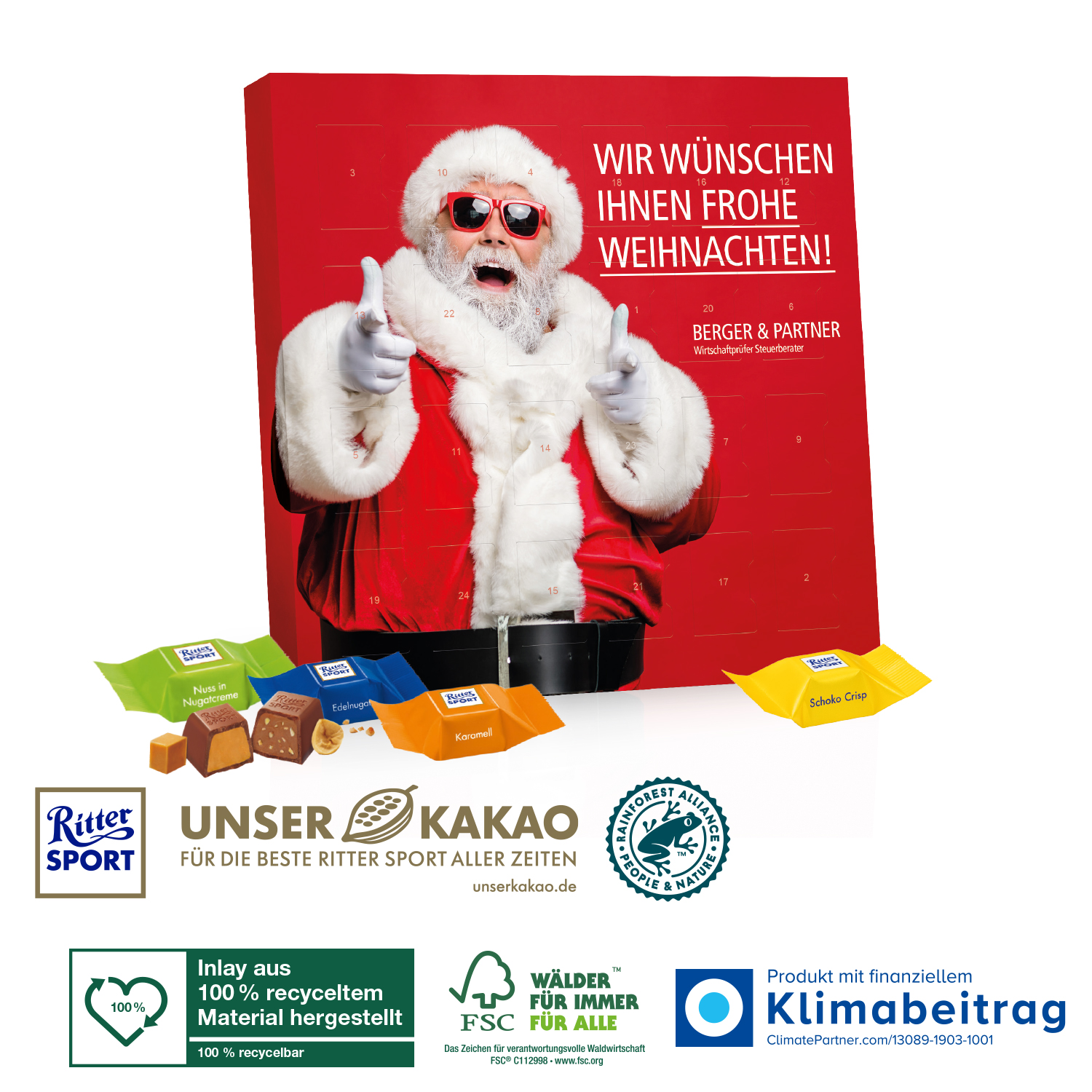 Adventskalender Quadratisch mit Ritter SPORT Schokowürfel