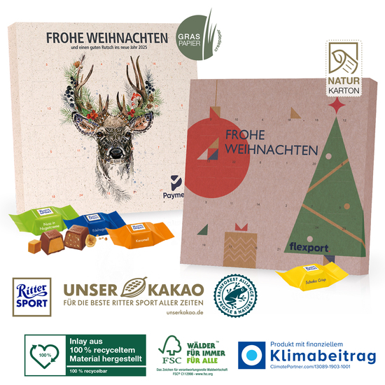 Adventskalender Quadratisch mit Ritter SPORT Schokowürfel