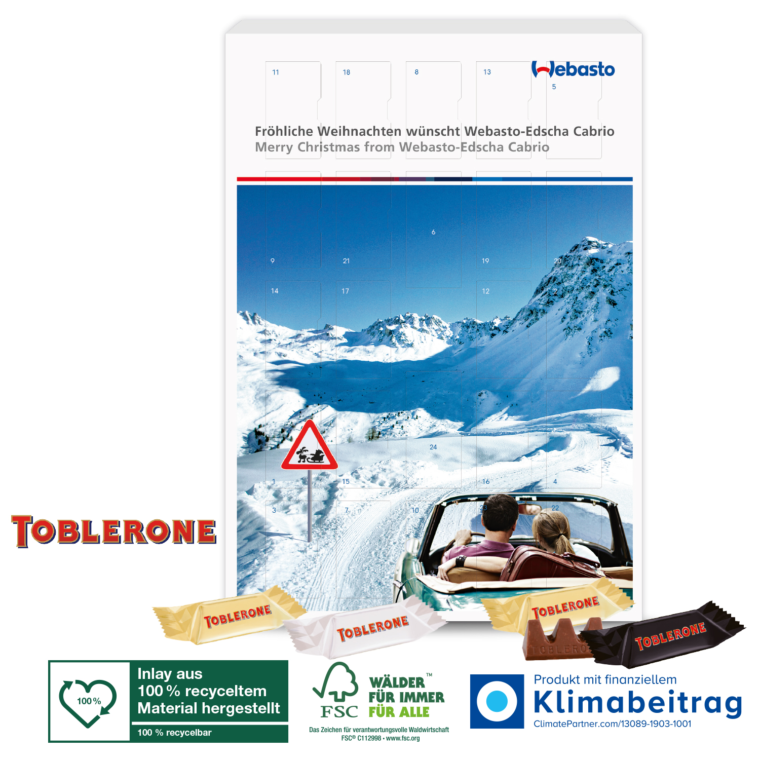 Adventskalender mit TOBLERONE, Inlay aus 100% recyceltem Material