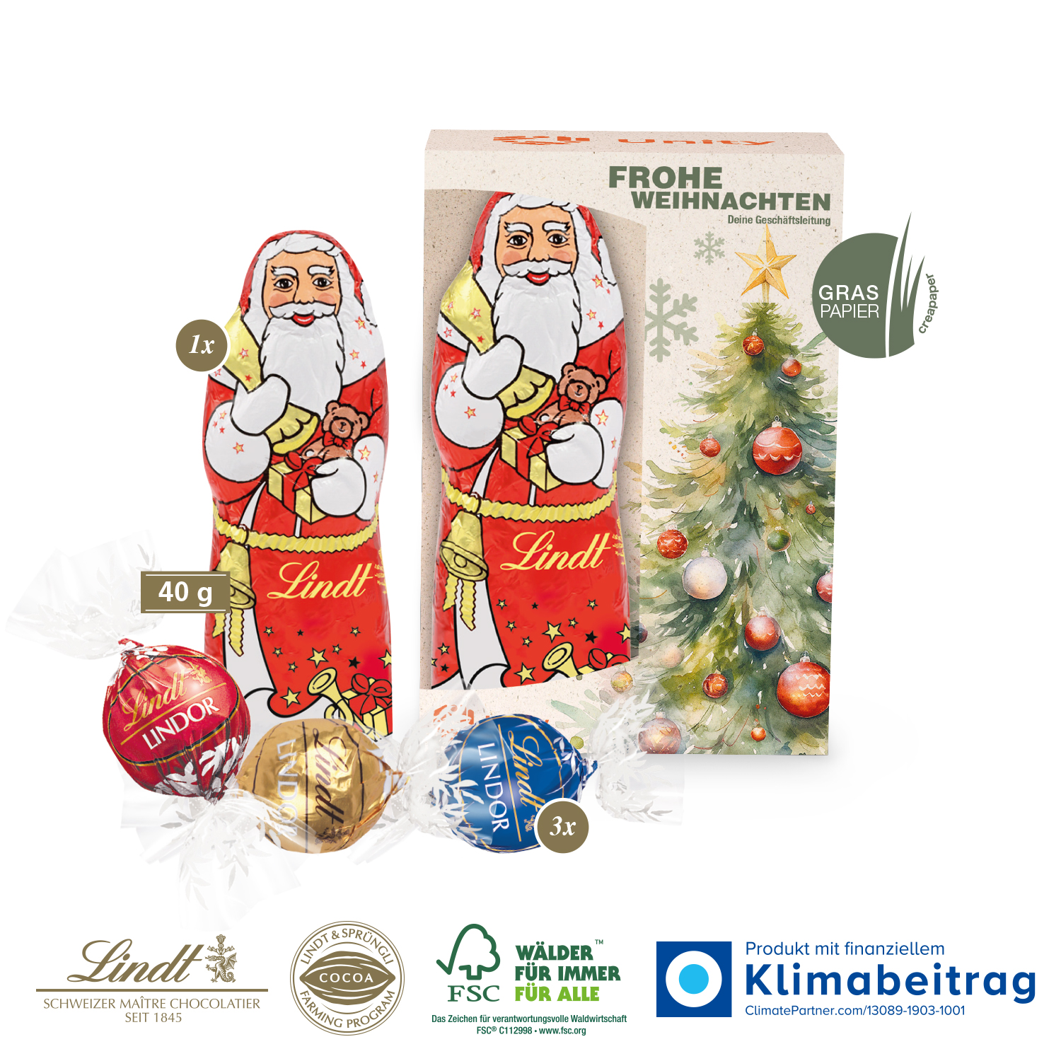 Premium-Präsent mit Lindor Pralinés und Lindt Weihnachtsmann „Medium“