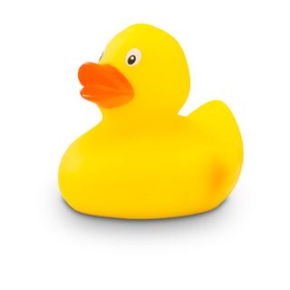 gelbe Rennente Ralf Mini mit gelben Körper und orangenem Schnabel für Entenrennen. Größe: ca. 6 cm. Inklusive Schwimmgewicht
