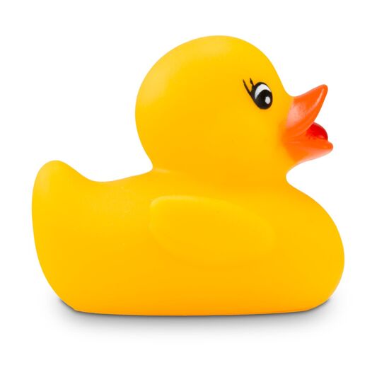 gelbe Badeente Mandy mit orangenem Schnabel und WimpernGröße: ca. 8 cm. Inklusive Quietschventil