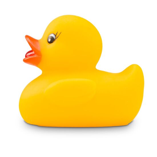 gelbe Badeente Mandy Mini mit orangenem Schnabel und Wimpern. Größe: ca. 6 cm. Inklusive Quietschventil