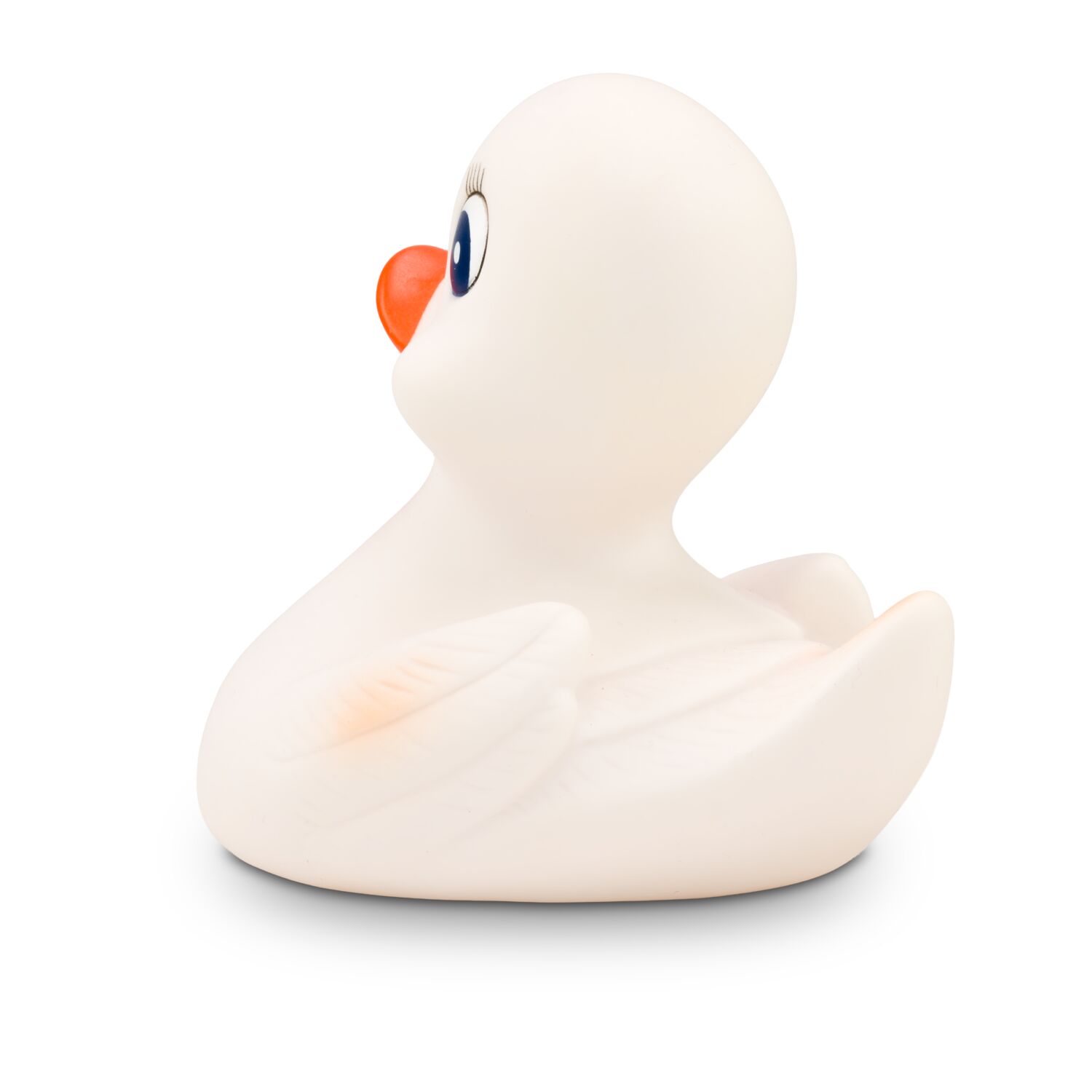 weiße Badeente Wendy mit orangenem Schnabel, Wimpern und blauen Augen. Größe: ca. 10 cm. Inklusive Quietschventil