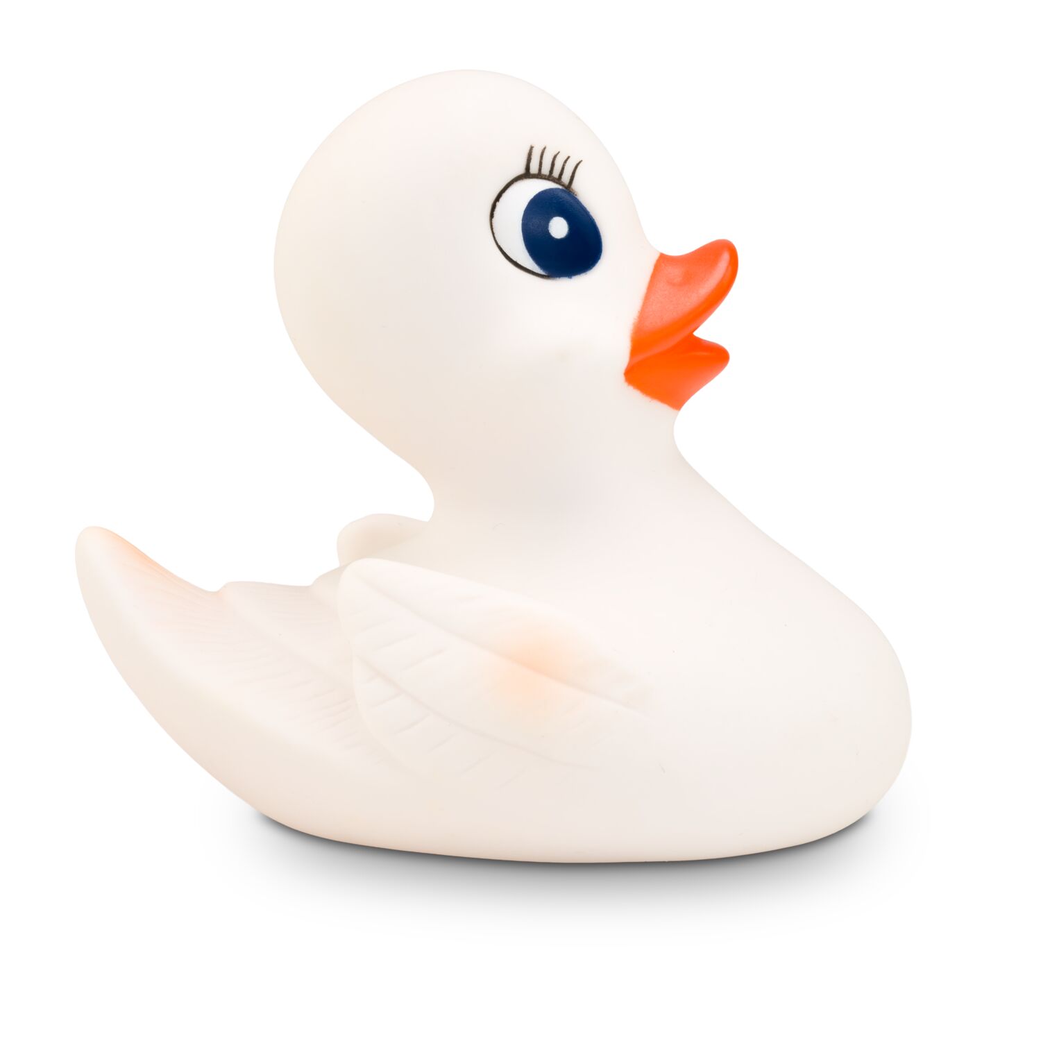 weiße Badeente Wendy mit orangenem Schnabel, Wimpern und blauen Augen. Größe: ca. 10 cm. Inklusive Quietschventil