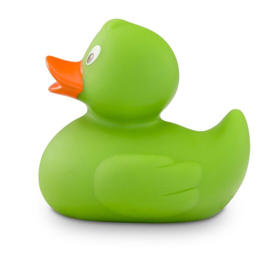 grüne Badeente Gregor im Mini-Format - mit orangenem Schnabel. Größe: ca. 6 cm, inklusive Quietschventil