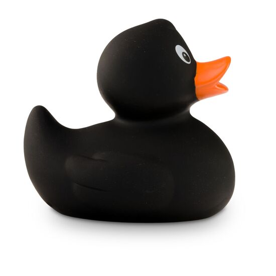 schwarze Badeente Mini-Blacky mit orangenen Schnabel, Größe: ca. 6 cm. Inklusive Quietschventil