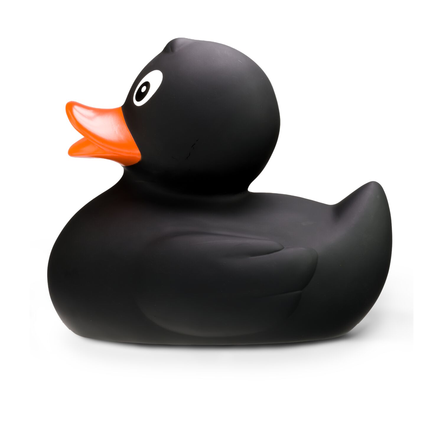 schwarze Badeente Blacky XXL im Großformat mit orangenem Schnabel. Größe: ca. 30 cm. Inklusive Quietschventil