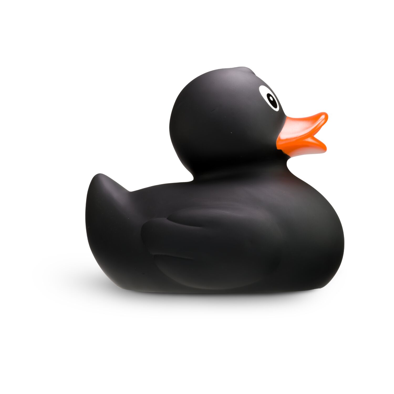 schwarze Badeente Blacky XXL im Großformat mit orangenem Schnabel. Größe: ca. 30 cm. Inklusive Quietschventil