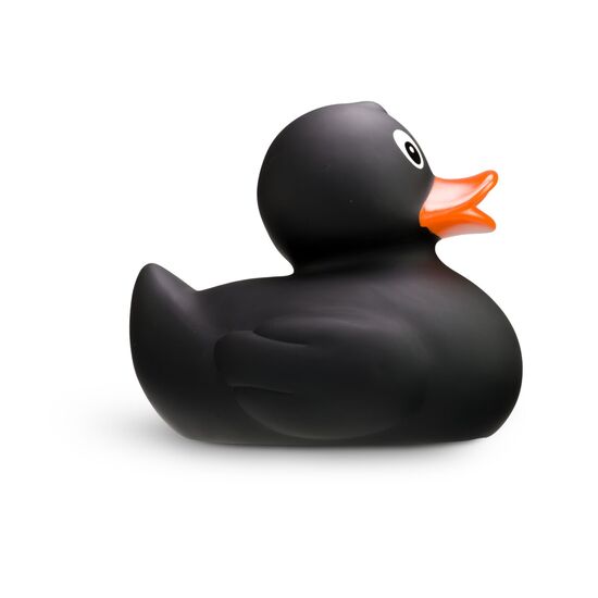 schwarze Badeente Blacky XXL im Großformat mit orangenem Schnabel. Größe: ca. 30 cm. Inklusive Quietschventil