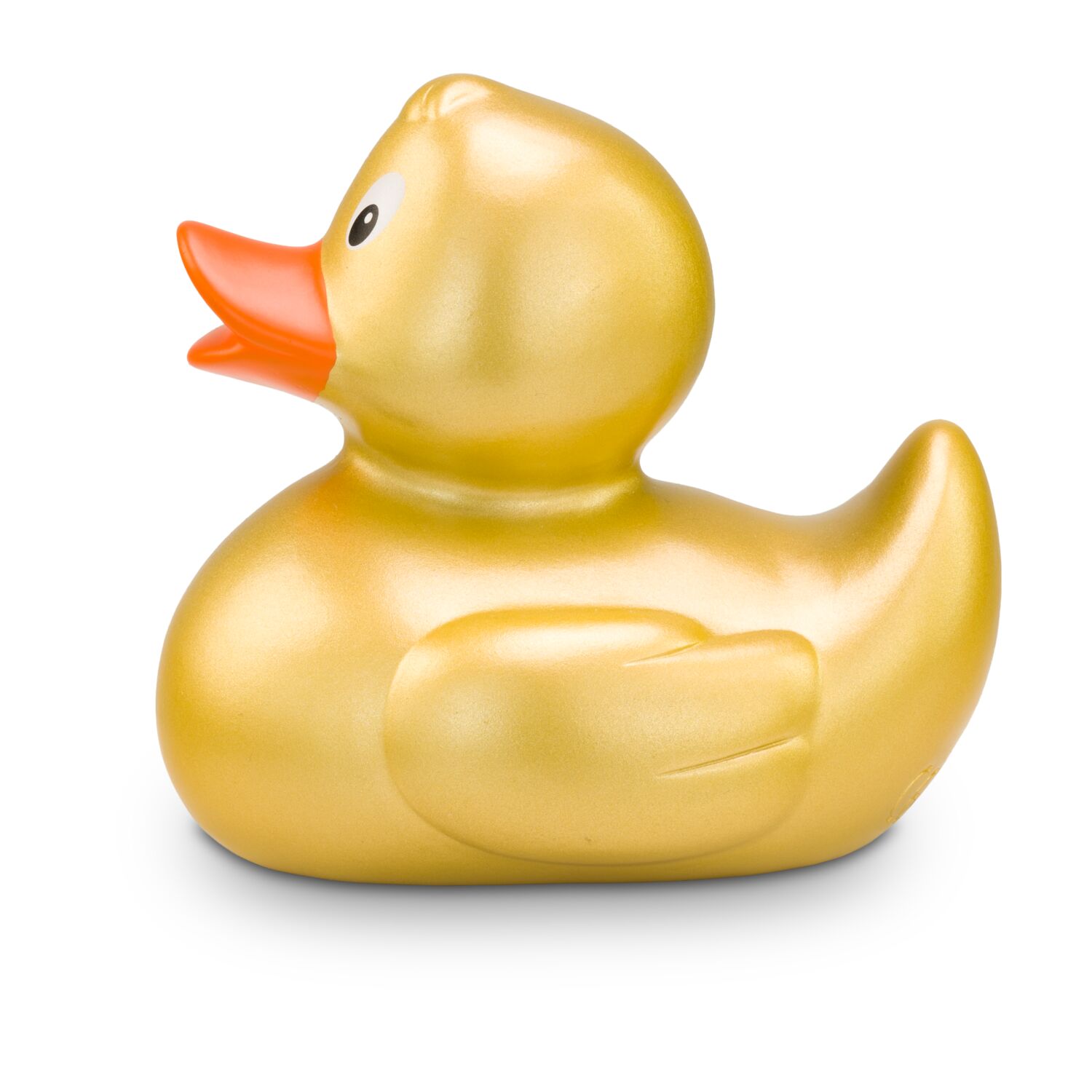 goldene Werbeente Goldmarie mit orangenem Schnabel in Standardform, Größe: ca. 8 cm. Inklusive Quietschventil
