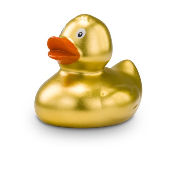 goldene Werbeente Goldmarie Mini in Kleinformat mit orangenem Schnabel. Größe: ca. 6 cm. Inklusive Quietschventil