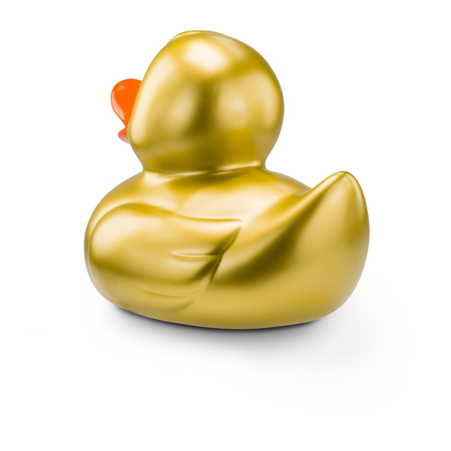 goldene Werbeente Goldmarie XXL in Großformat mit orangenem Schnabel, Größe: ca. 30 cm. Inklusive Quietschventil