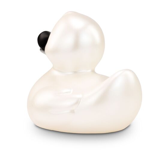 perlmutte Werbeente Pia Perlmutt mit schwarzem Schnabel und in Standardform, Größe: ca. 8 cm. Inklusive Quietschventil