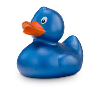 kobaltblaue Werbeente Bianca Blauglanz mit orangenem Schnabel in Standardform, Größe: ca. 8 cm. Inklusive Quietschventil