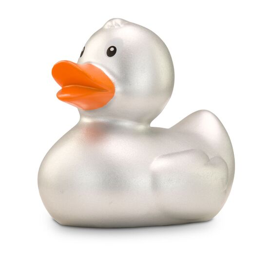 silberne Werbeente Sylvie mit orangenem Schnabel in Standardform, Größe: ca. 8 cm. Inklusive Quietschventil