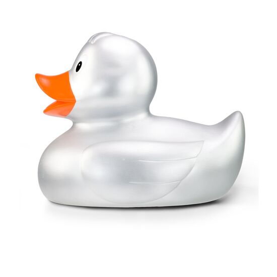 silberne Werbeente Sylvie XXL in Großformat mit orangenem Schnabel, Größe: ca. 30 cm. Inklusive Quietschventil