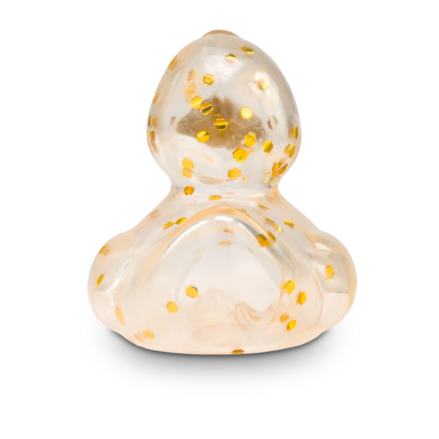 transparente Werbeente Fine Funkelgold mit goldschimmerndem Glitzer-Konfetti, Größe: ca. 8 cm. Inklusive Quietschventil