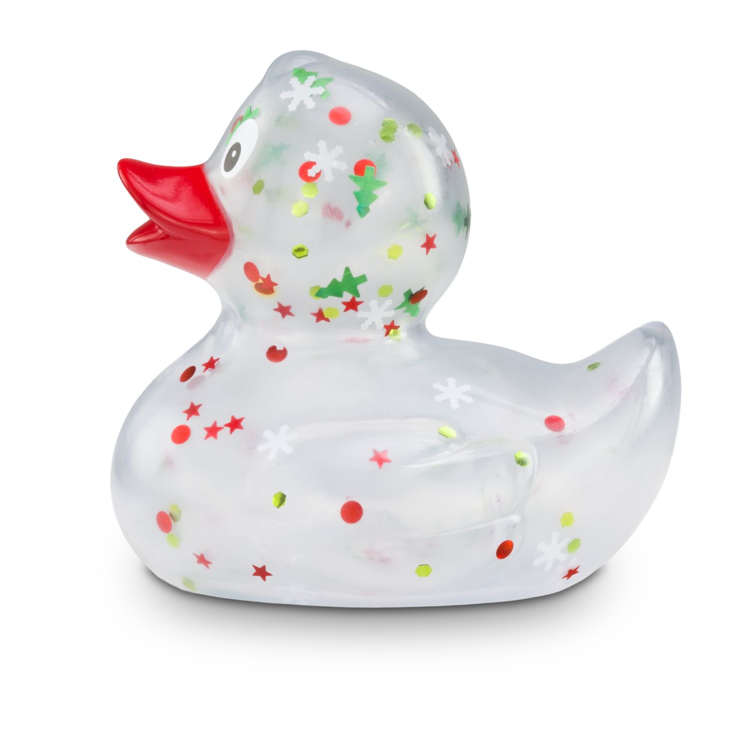 transparente Werbeente Leni Lametta mit roten und grünen Weihnachtsglitzer in verschiedenen Formen und rotem Schnabel, Größe: ca. 8 cm. Inklusive Quietschventil