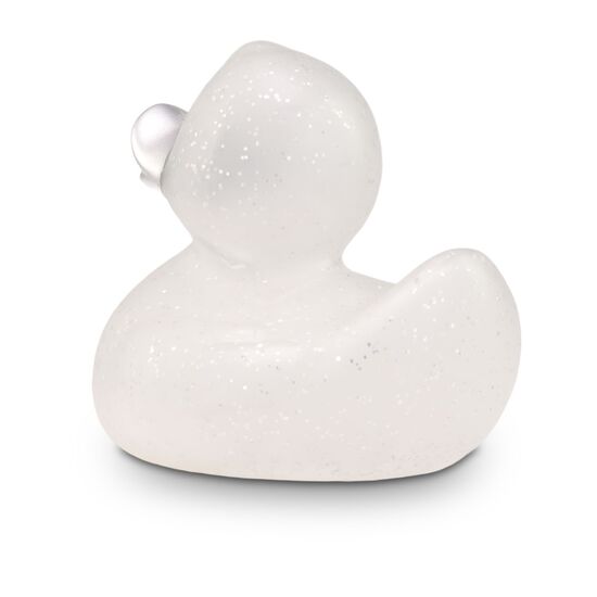 transparente Werbeente Silke Silberglitze mit silbernen Glitzerpartikeln und silbernem Schnabel, Größe: ca. 8 cm. Inklusive Quietschventil