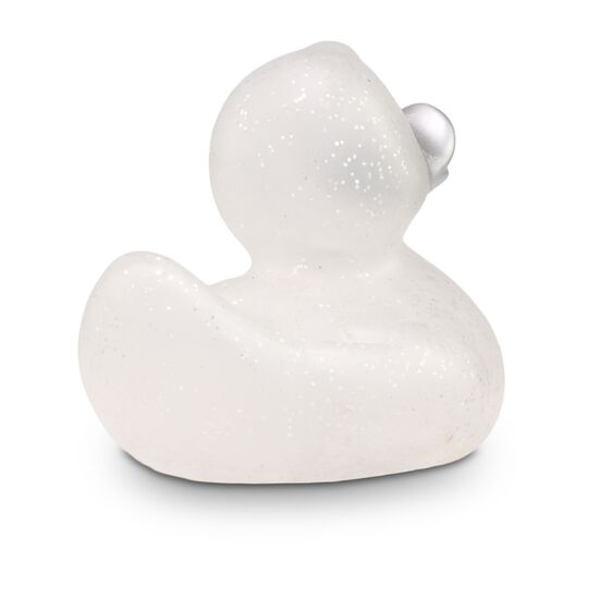 transparente Werbeente Silke Silberglitze mit silbernen Glitzerpartikeln und silbernem Schnabel, Größe: ca. 8 cm. Inklusive Quietschventil