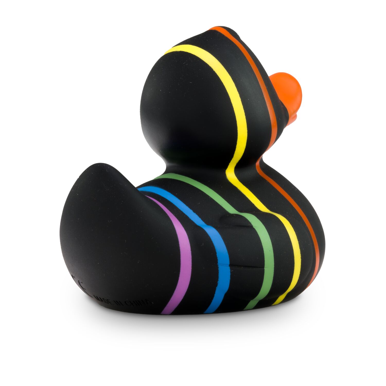 schwarze Badeente Rebecca Regenbogen mit sechs Streifen in Pink, Blau, Grün, Gelb, Orange und Rot, Größe: ca. 8 cm. Inklusive Quietschventil