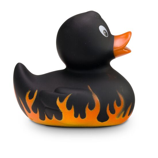 mattschwarze Werbeente Frank Flamme mit Flammenprint, Größe: ca. 8 cm. Inklusive Quietschventil