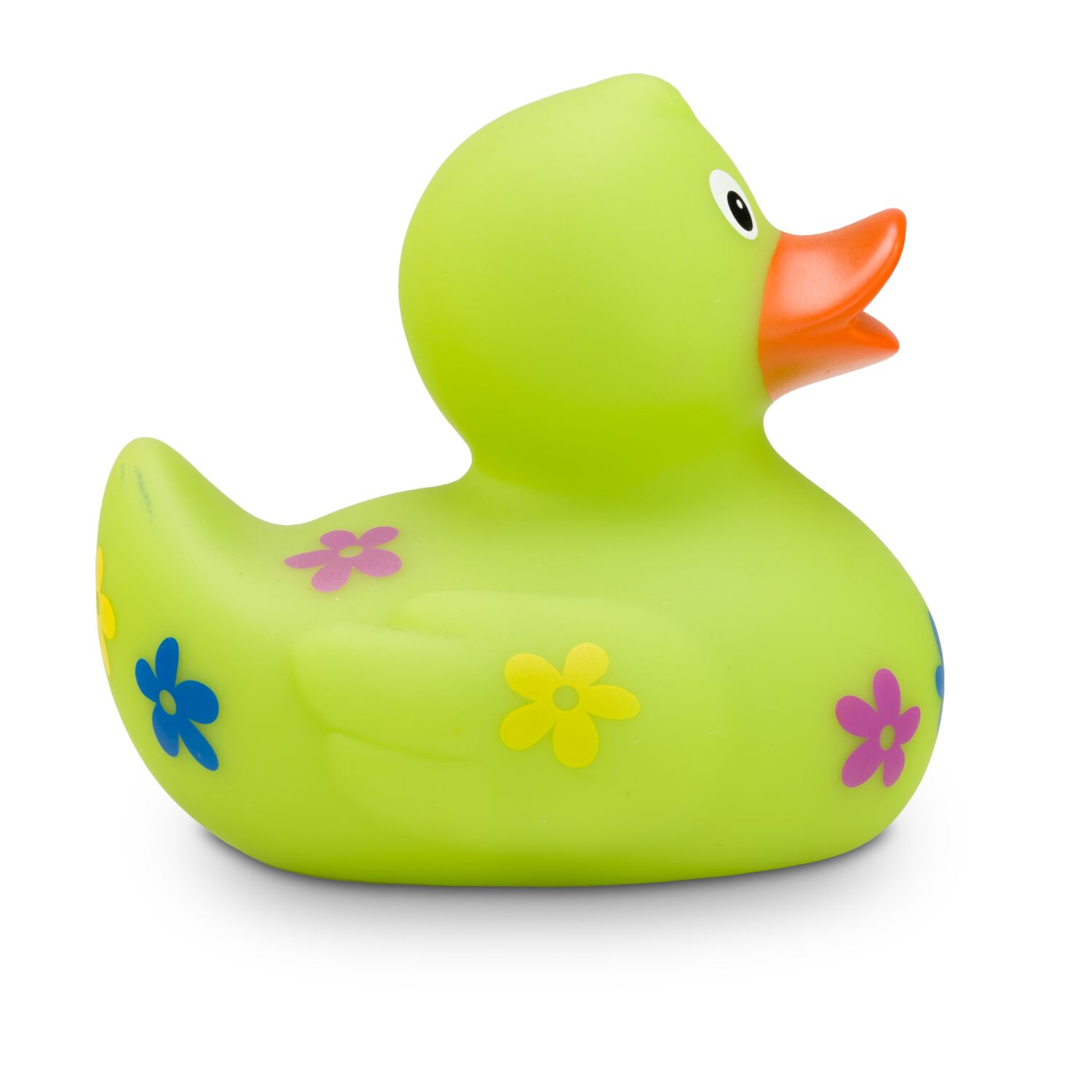 grüne Badeente Beate Blumenwiese mit bunten Blumenmotiven in Blau, Gelb und Lila. Größe: ca. 8 cm. Inklusive Quietschventil