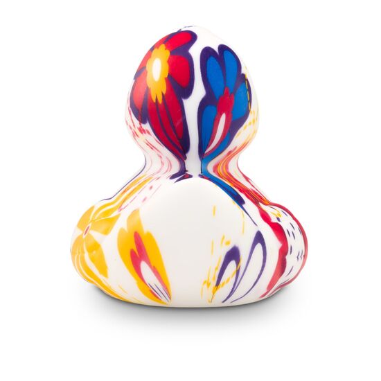 bunte Werbeente Bea Blütenkleid mit vollflächigen Druck aus Vergissmeinnicht Blumen, Größe: ca. 8 cm. Inklusive Quietschventil