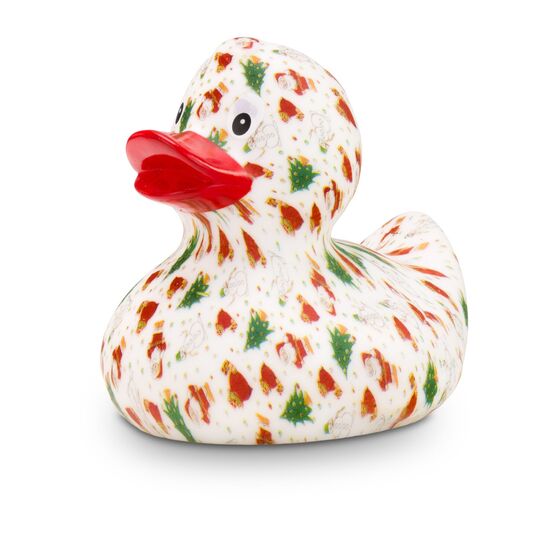 weiße Werbeente Tanja Tannenbaum mit vollflächigen Druckmotiv im rot-grünen Design mit rotem Schnabel, Größe: ca. 8 cm. Inklusive Quietschventil