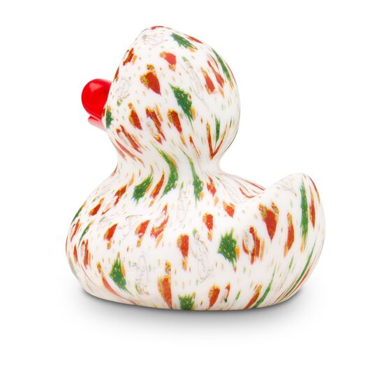 weiße Werbeente Tanja Tannenbaum mit vollflächigen Druckmotiv im rot-grünen Design mit rotem Schnabel, Größe: ca. 8 cm. Inklusive Quietschventil