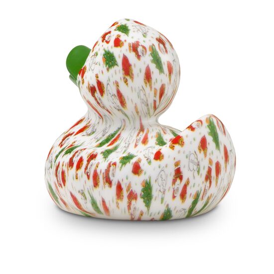 weiße Werbeente Torsten Tannenbaum mit vollflächigen Druckmotiv im rot-grünen Design mit grünem Schnabel, Größe: ca. 8 cm. Inklusive Quietschventil