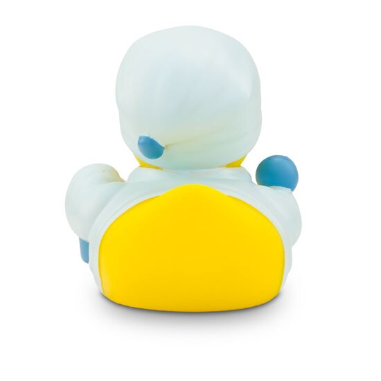 Weiße Ente mit blauen Streifen im Zebra-Look. Ein echtes Unikat. Ca. 8 cm. Quietschventil.