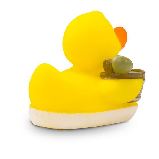 gelbe Werbeente Sandy Sauna mit orangenem Schnabel,Aufguss-Eimer und Sauna-Handtuch, Größe: ca. 8 cm. Inklusive Quietschventil