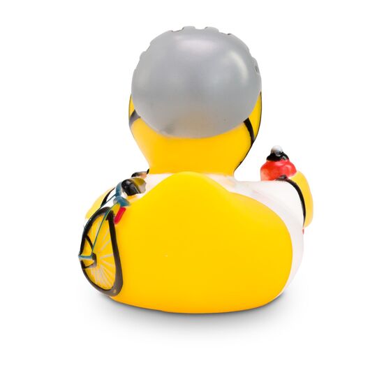gelbe Werbeente Roland Radler mit Fahrrad, Fahrradhelm und Trinkflasche, Größe: ca. 8 cm. Inklusive Quietschventil