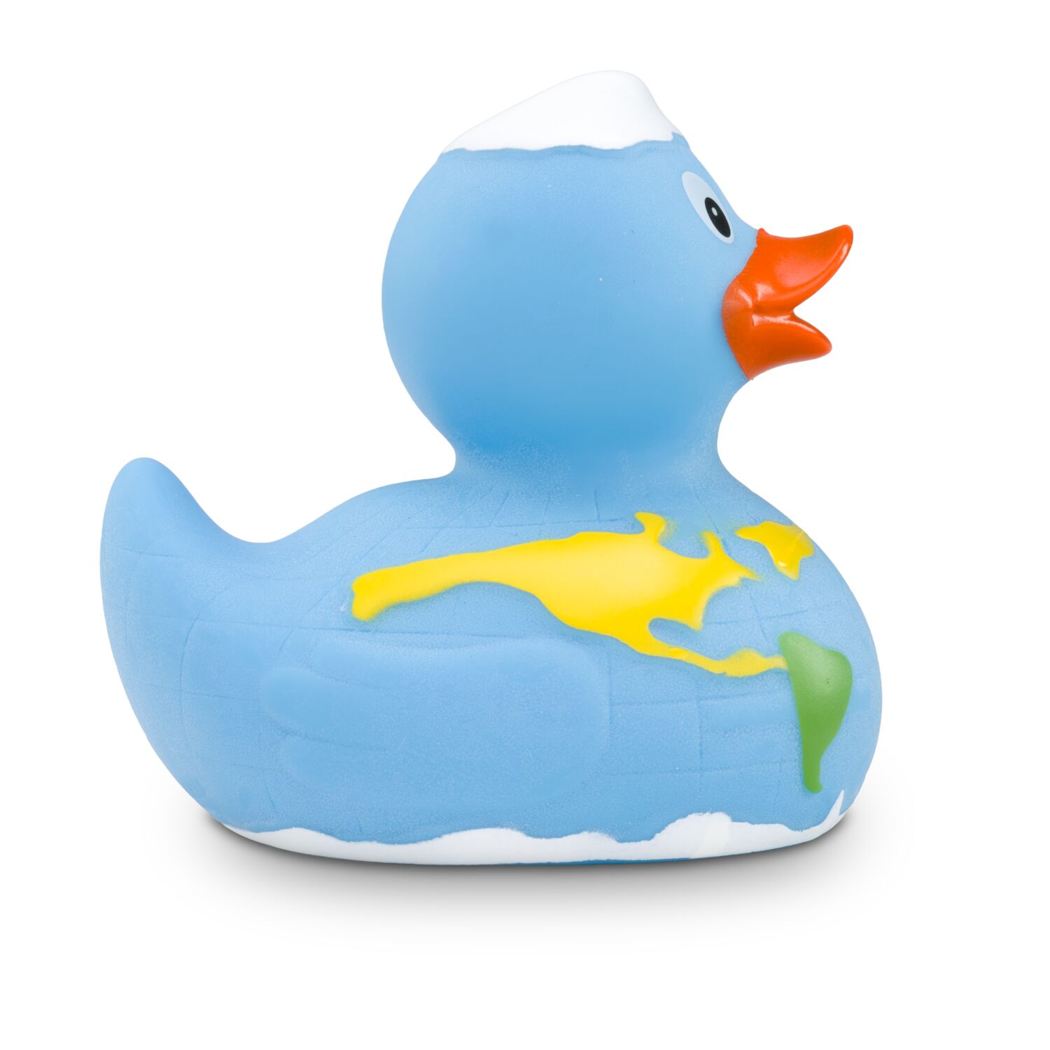 blaue Werbeente Erna Erdkugel mit bunten Kontinenten und Nordpol, Größe: ca. 8 cm. Inklusive Quietschventil