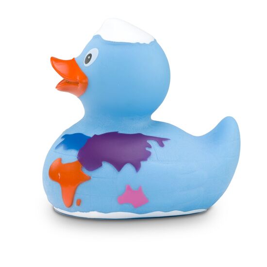 blaue Werbeente Erna Erdkugel mit bunten Kontinenten und Nordpol, Größe: ca. 8 cm. Inklusive Quietschventil