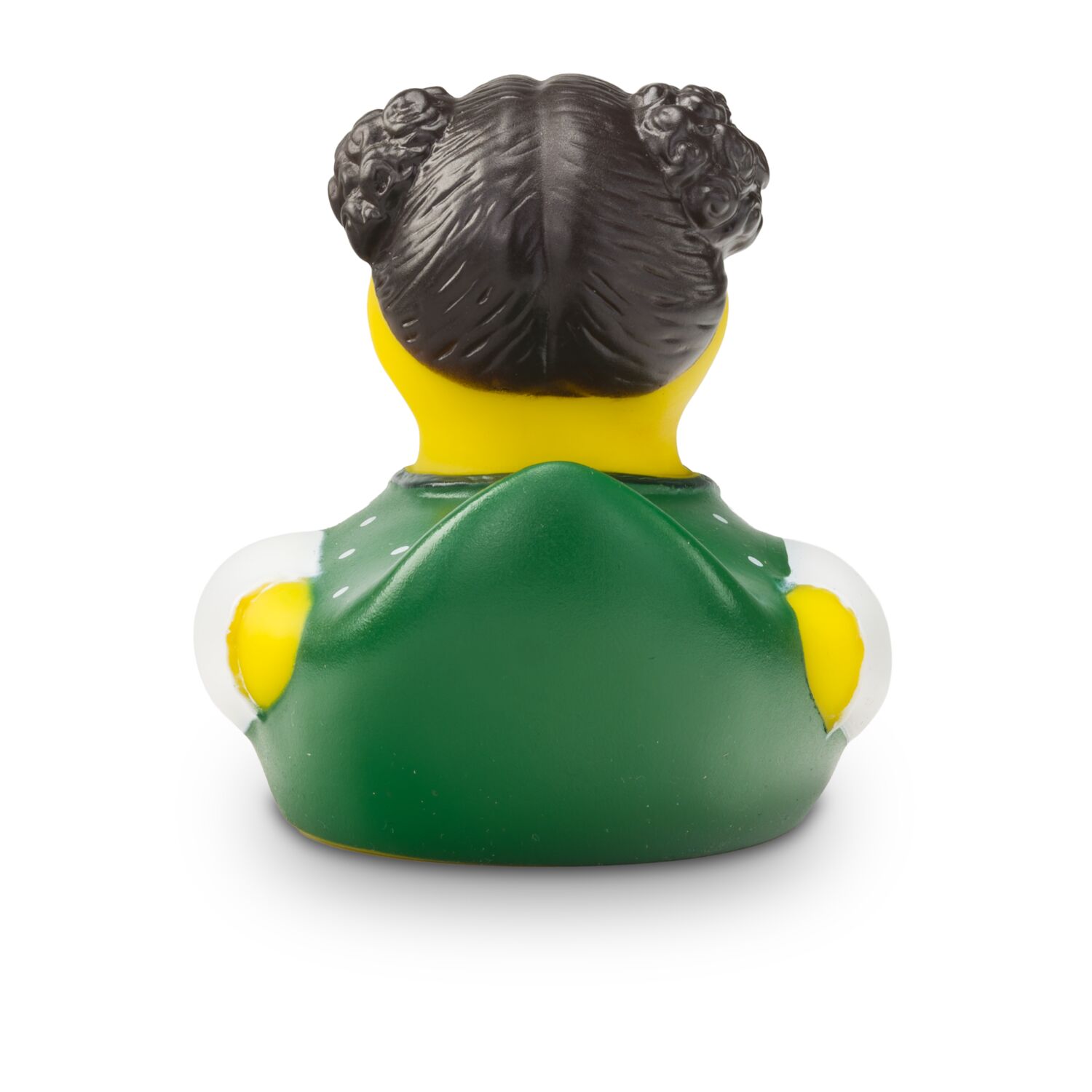 gelbe Werbeente Theresa Trachtenherz mit dunkler Tracht mit weißen Punkten und Schürze in rot, Größe: ca. 8 cm. Inklusive Quietschventil