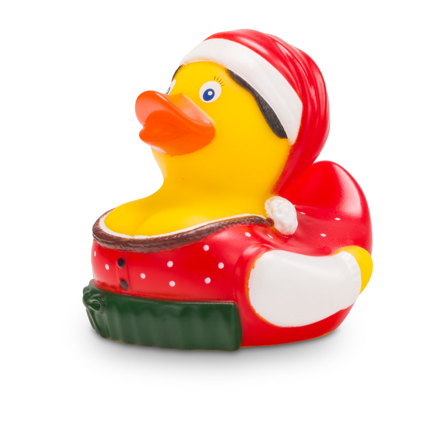 Gelbe Werbeente Theresa Trachtenherz mit roter Tracht und weihnachtlicher Zipfelmütze, Größe: ca. 8 cm. Inklusive Quietschventil